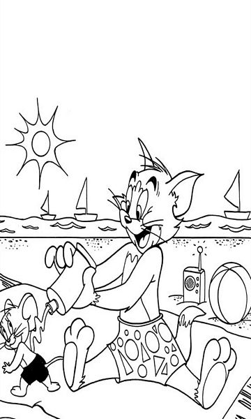 kolorowanka Tom i Jerry odpoczywają na plaży, malowanka do wydruku z bajki dla dzieci, do pokolorowania kredkami, obrazek nr 37